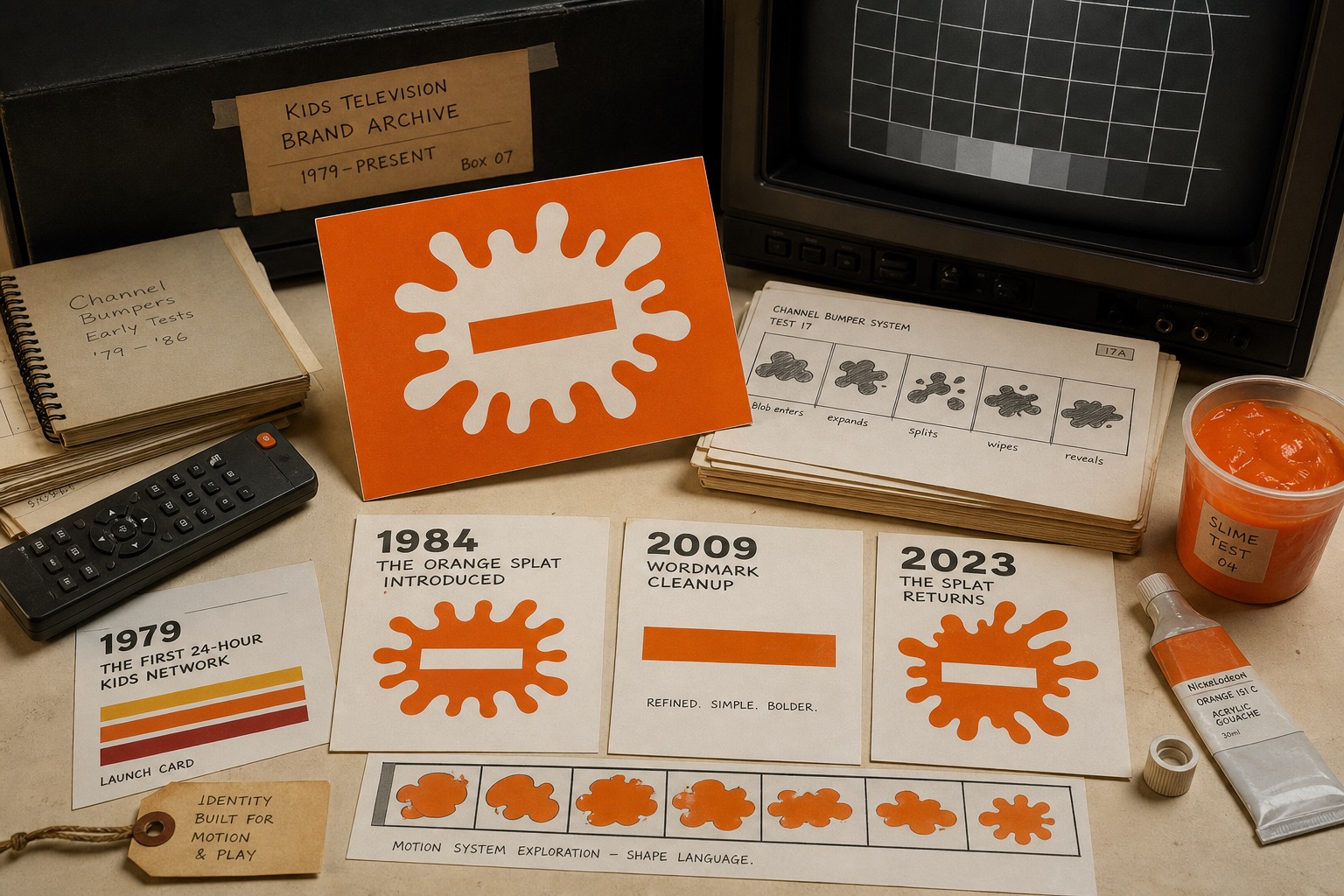 Premium editorial archive still-life of a Nickelodeon orange splat kids TV case with a CRT test screen, orange splat source-mark card, remote, slime cup, bumper storyboard strips, and 1979 1984 2009 2023 cards