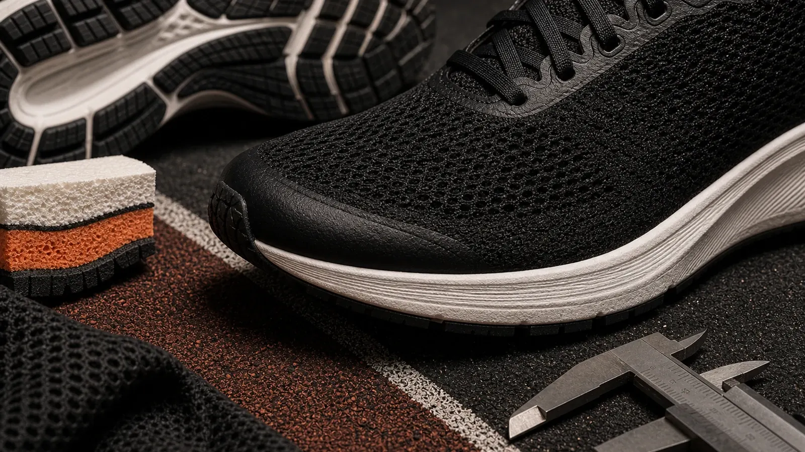 Generated close-up of an unbranded black running shoe beside outsole foam, mesh, and a measuring caliper.