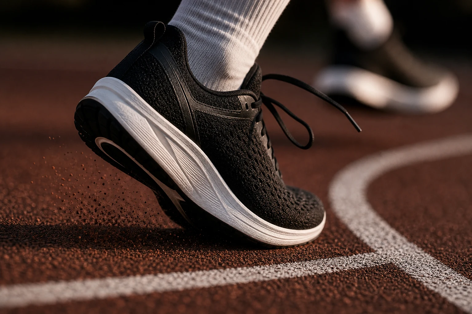 Black Nike footwear and motion-led brand cues showing monochrome contrast supported by recognizable product form.