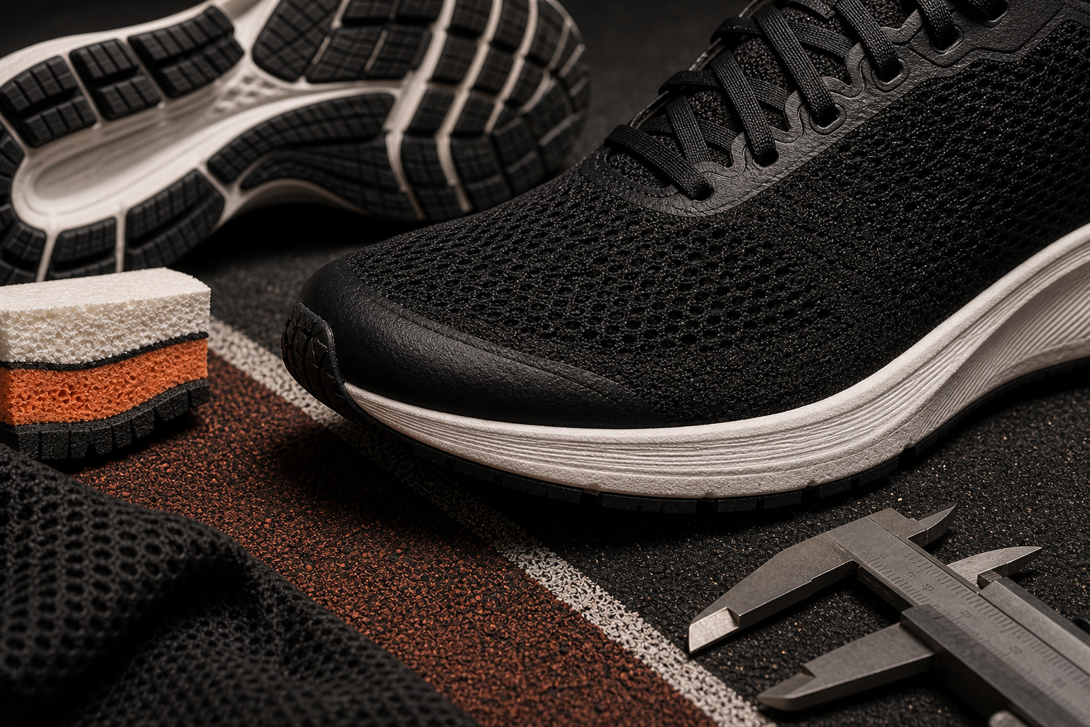 Photorealistic macro still life of an unbranded running shoe upper, outsole rubber, foam material, track texture, and measurement calipers.