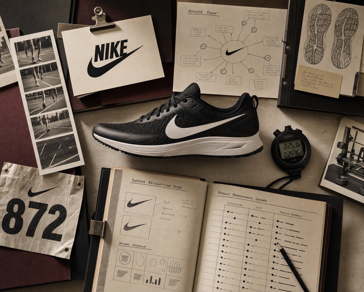 Premium editorial archive still-life of a Nike performance brand-system case with a Nike source-mark card, central black-and-white running shoe prototype, track photo strip, athlete proof map, race stopwatch, shoe sole study, Swoosh recognition sheet, and product performance ledger