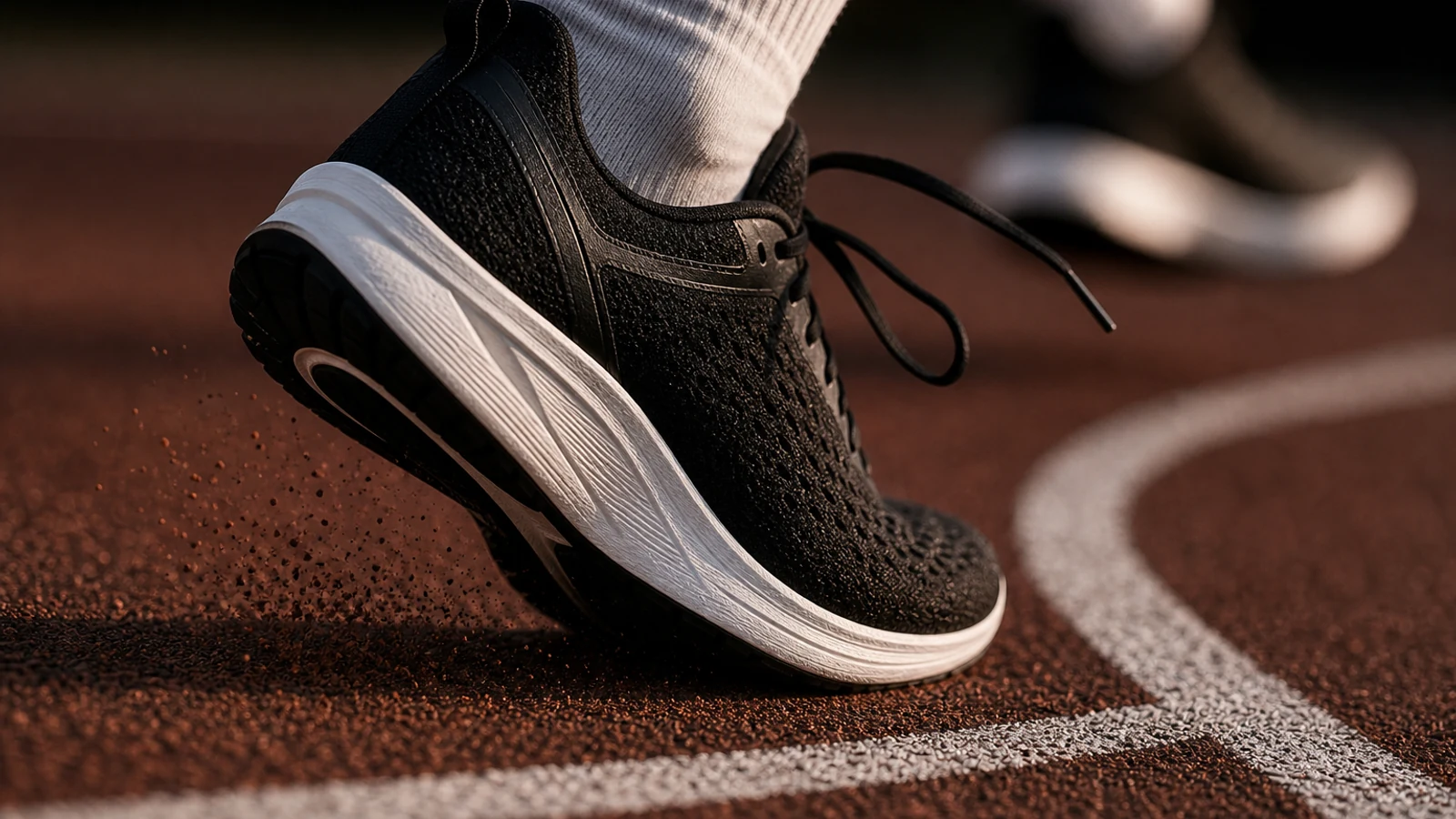 Generated close-up of an unbranded black running shoe driving off an outdoor track.