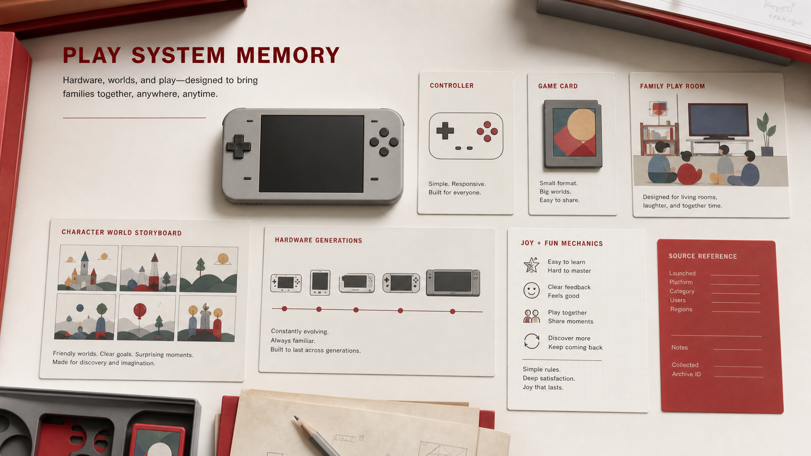 Premium editorial archive still-life of a Nintendo play-system case with generic handheld console, controller card, game card, family play-room layout, character-world storyboard with geometric icons, hardware generation timeline, joy mechanics note sheet, and red source-reference card
