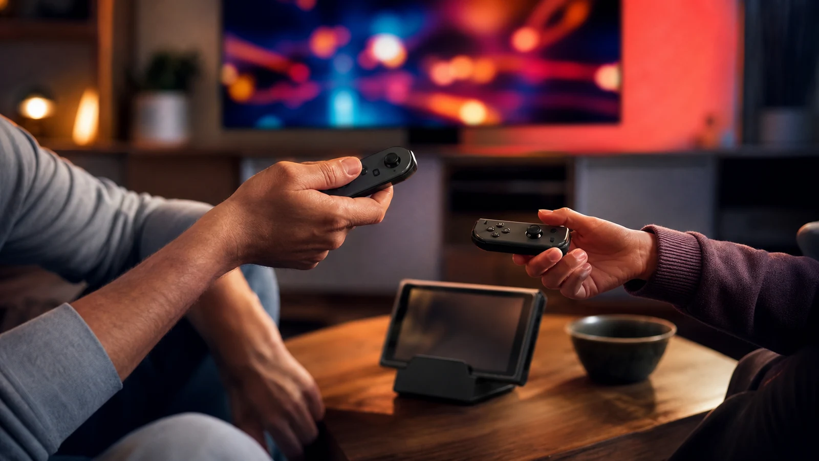 Logo-free editorial scene of two people sharing detachable game controllers beside a docked handheld screen.