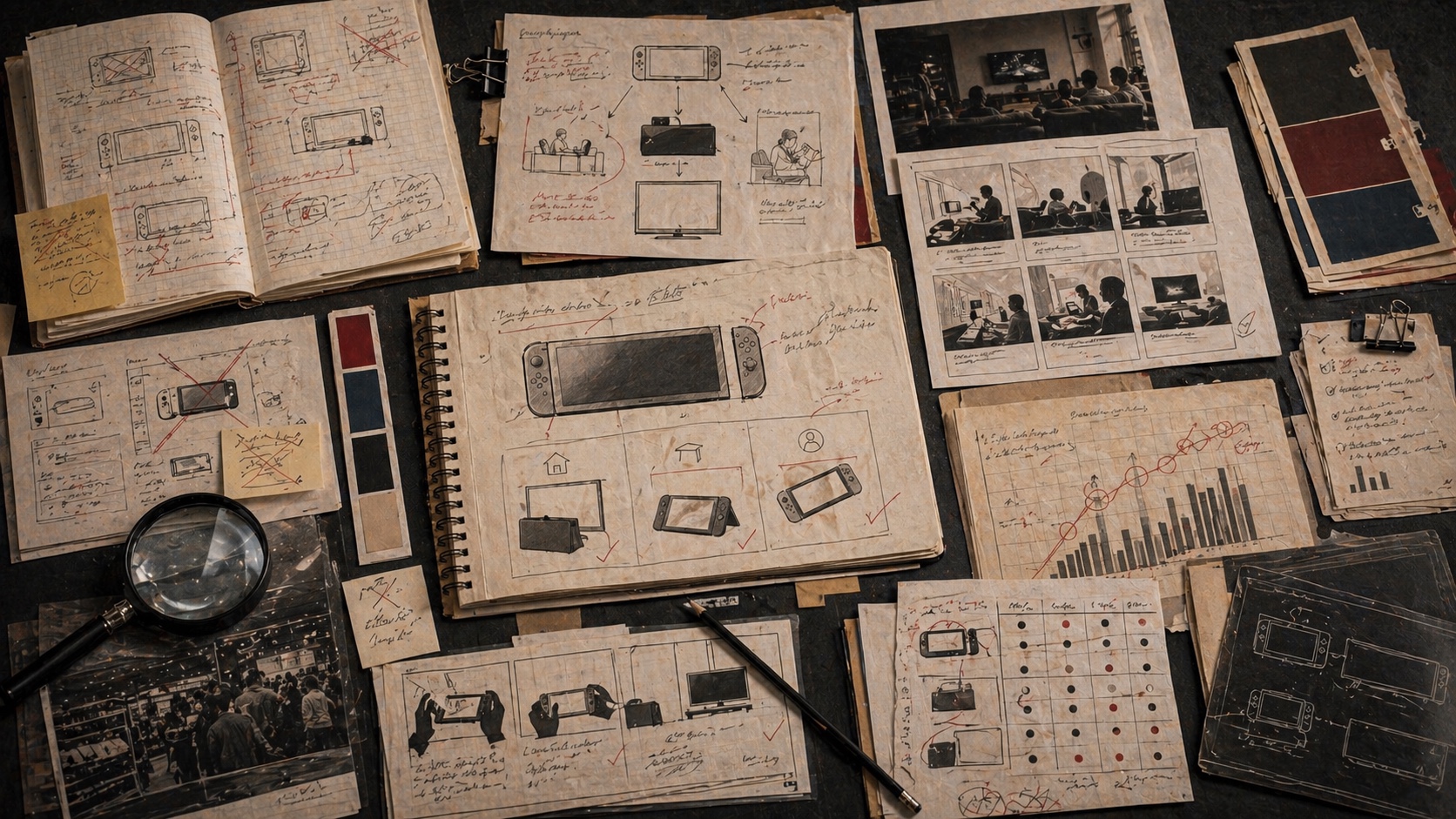Editorial archive table with generic hybrid gaming system diagrams, product-clarity notes, use-case storyboards, and sales evidence
