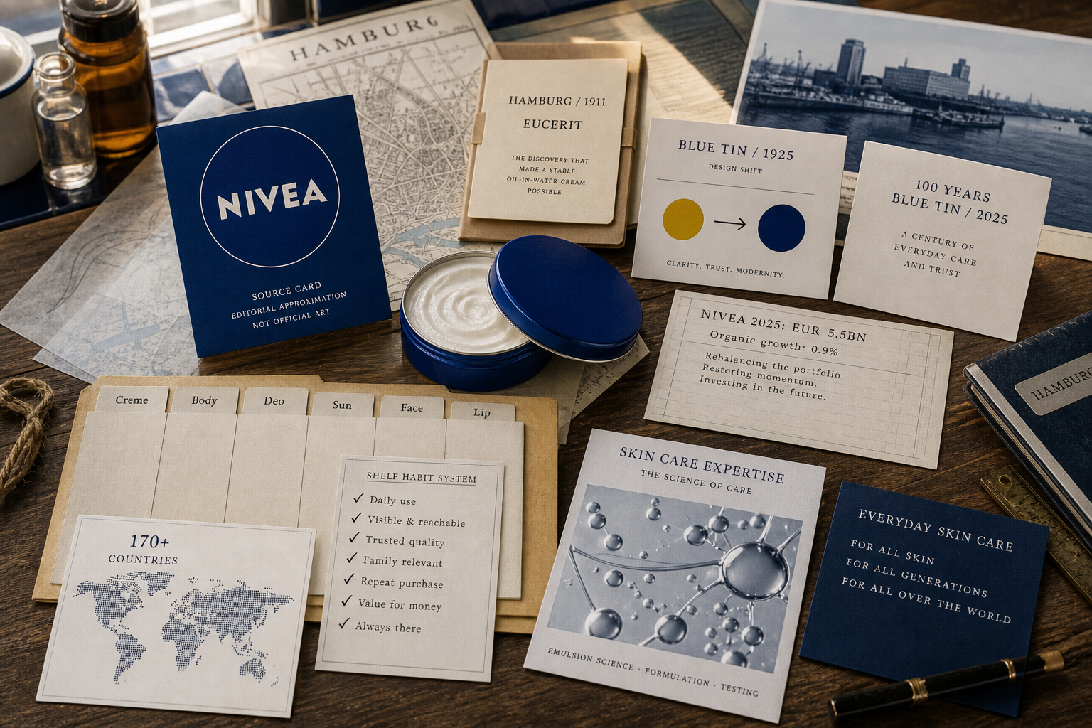 Premium editorial archive still-life of a NIVEA blue-tin skin care trust system with source card, generic blue cream tin, Hamburg 1911 folder, Eucerit note, blue tin 1925 card, 2025 centenary card, category tabs, world card, shelf habit checklist, and skin care research card
