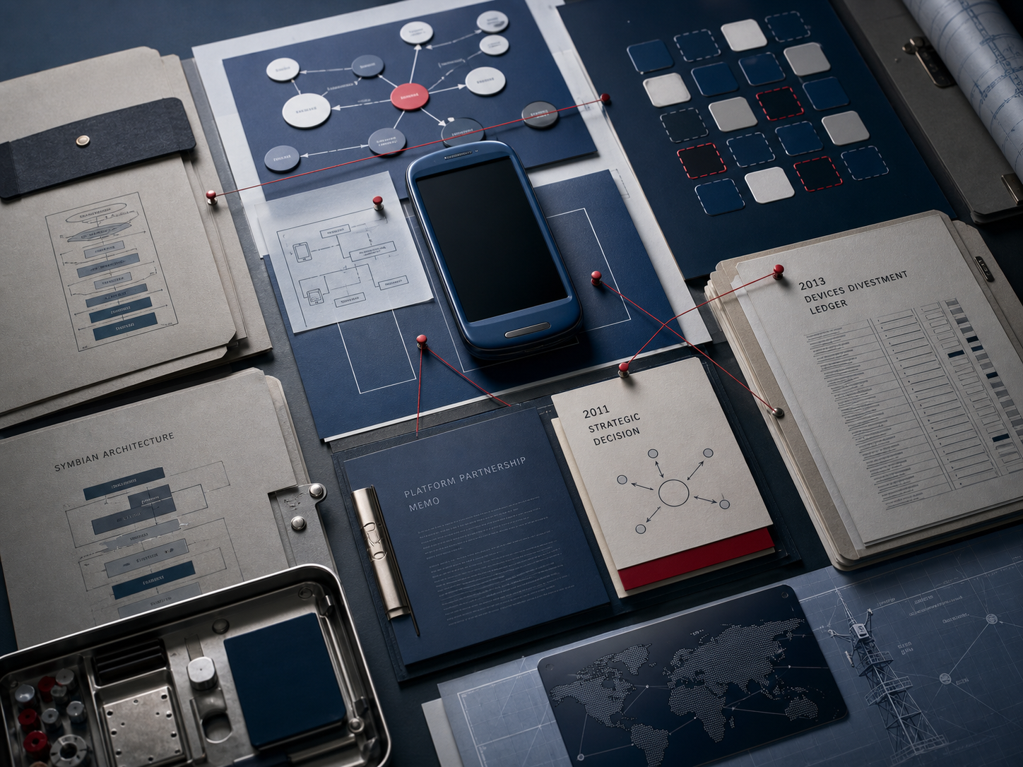 Premium editorial archive still-life of a Nokia smartphone platform collapse case with blank blue phone silhouette, Symbian architecture folder, platform partnership memo, missing app-grid tiles, 2011 decision card, 2013 devices-sale ledger, and network infrastructure blueprint