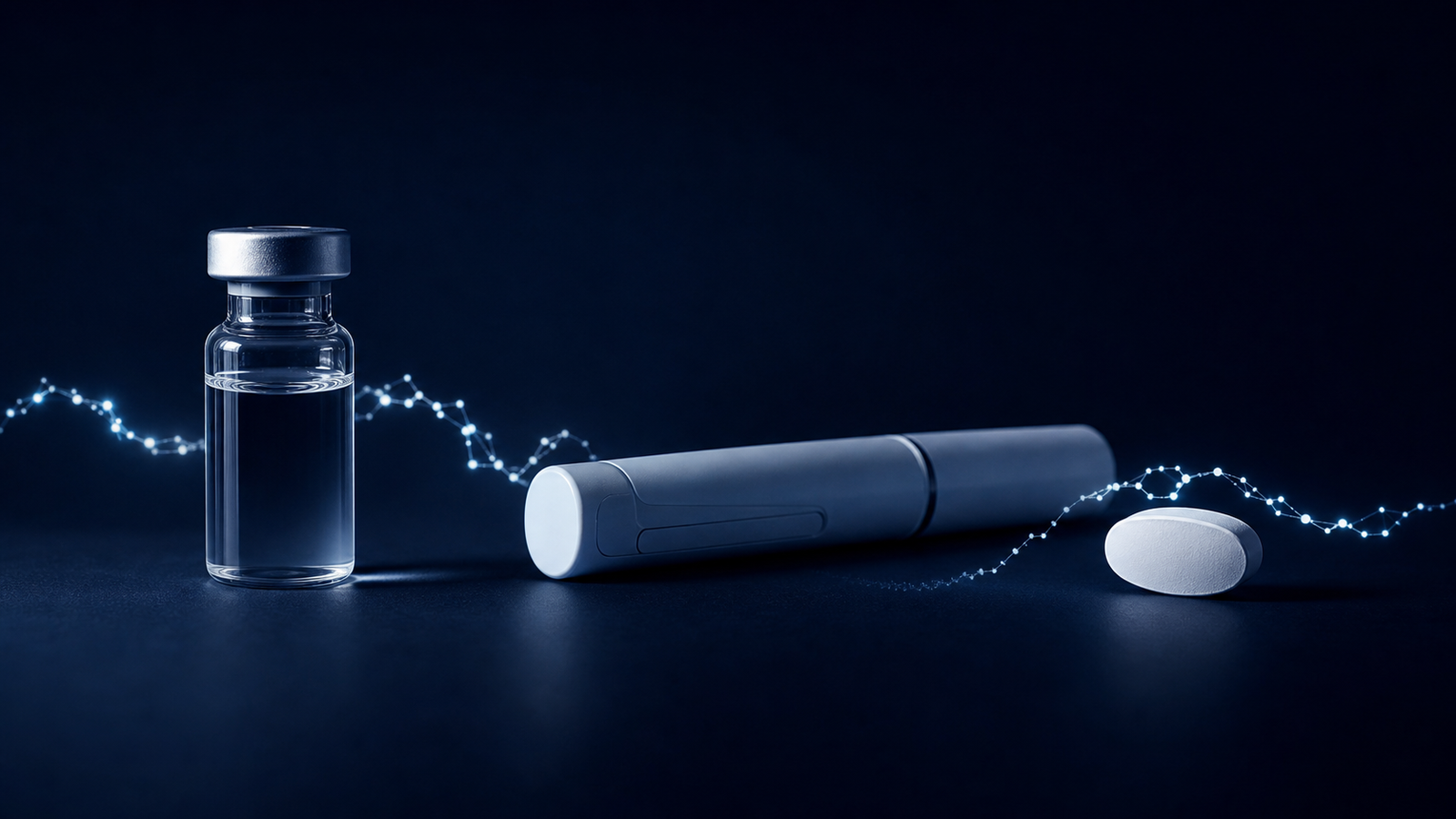 A declared conceptual still life linking a medicine vial, injection format and oral tablet with a peptide trace.
