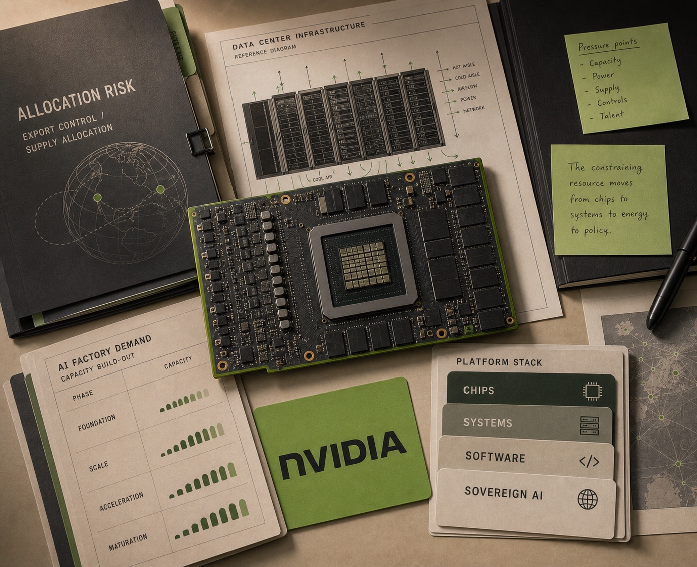 Premium editorial archive still-life of an NVIDIA AI infrastructure case with NVIDIA source-mark card, central generic GPU accelerator board, data-center rack diagram, AI factory demand ledger, allocation-risk folder, and platform stack cards for chips, systems, software, and sovereign AI