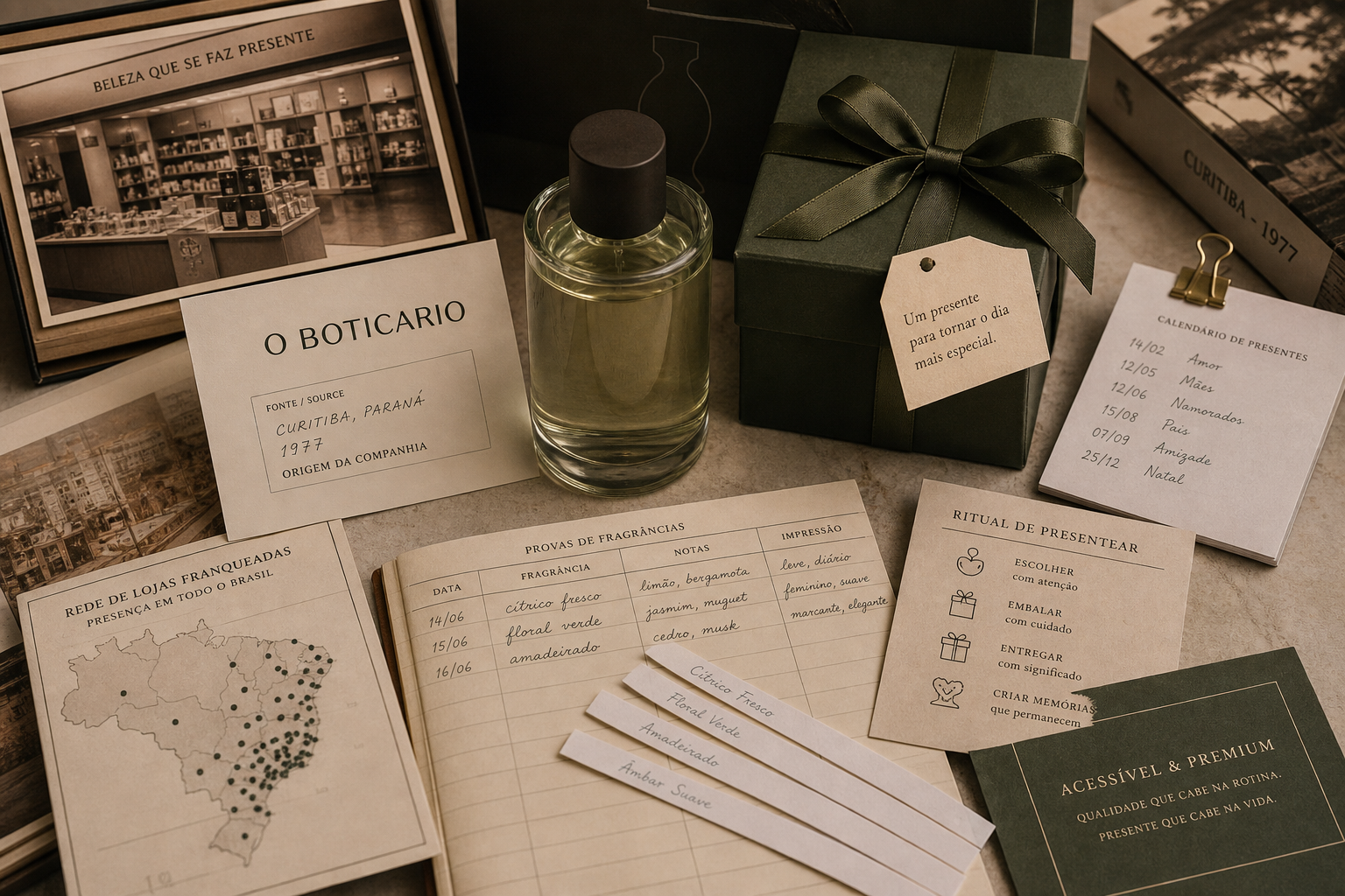 Premium editorial archive still-life of an O Boticario fragrance gift case with source-mark card, rights-safe fragrance bottle, green gift box, sample blotters, 1977 Curitiba origin file, franchise store map, gift calendar, and testing strip ledger