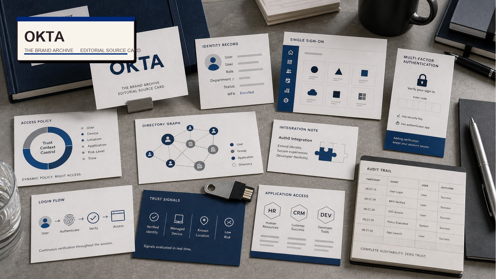 Premium editorial archive still-life of an Okta identity access authentication case with Okta source-mark card, abstract identity cards, SSO dashboard cards, MFA prompt card, access policy rings, app tiles, directory graph, security key, login flow arrows, integration note card, and audit ledger