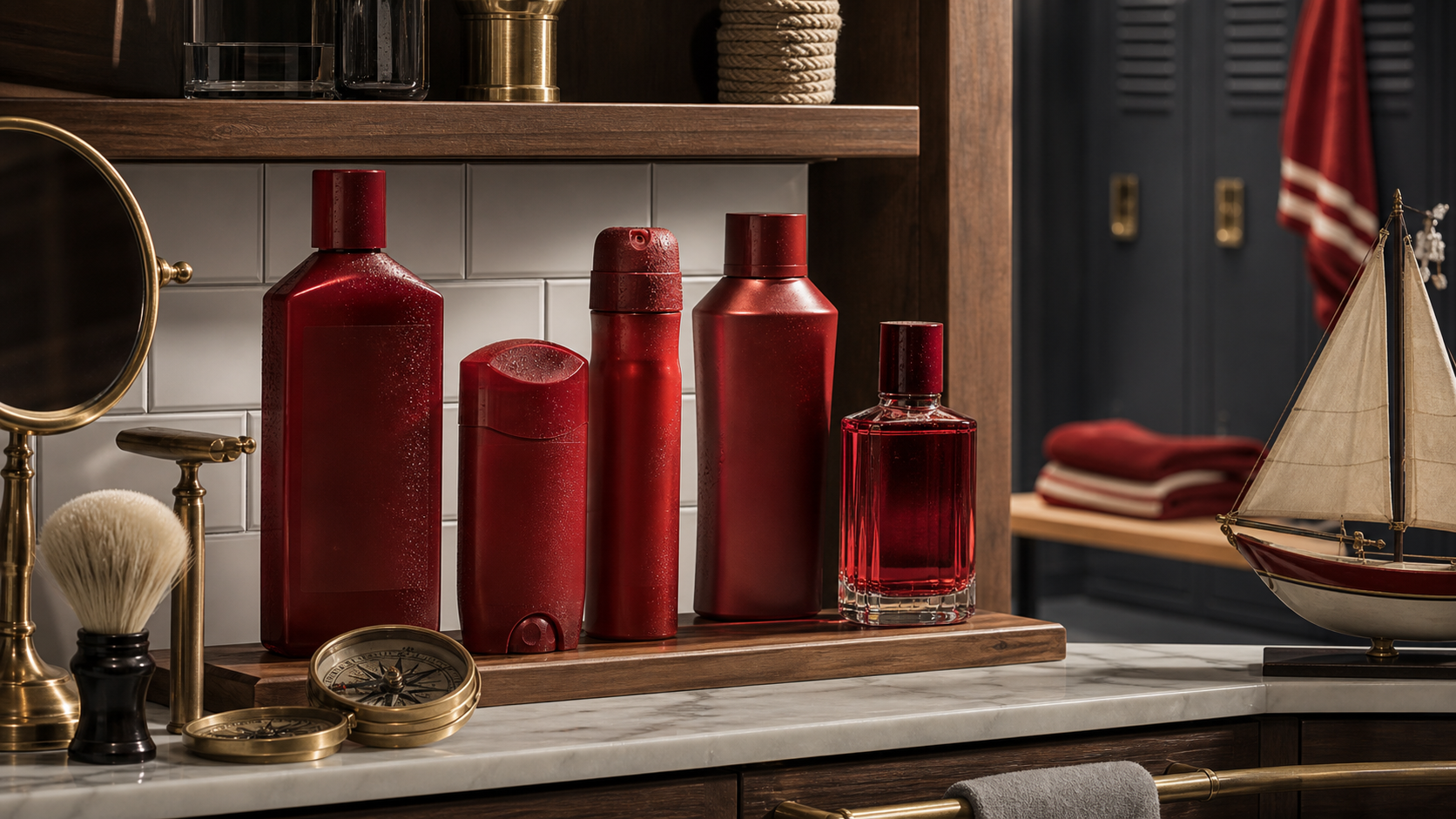 Old Spice-style grooming shelf with red product-family packaging, nautical heritage cues, and locker-room context, with no logos or lettering.