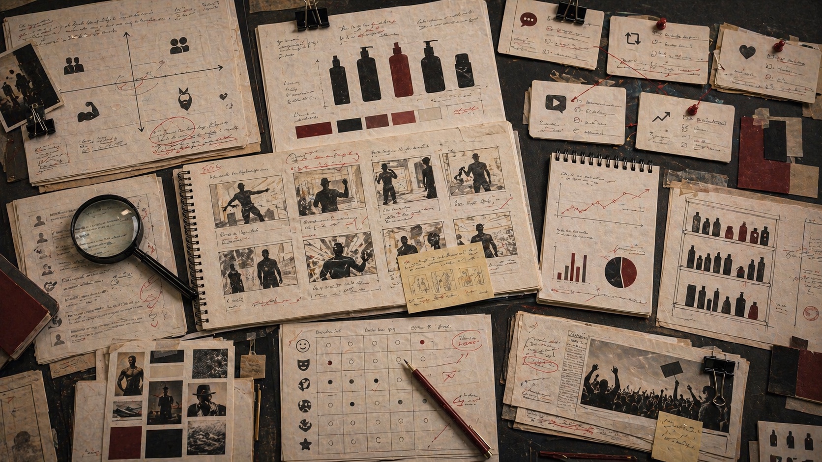 Editorial archive table with campaign tone boards, response workflow cards, personal-care shelf cues, and marked comeback evidence