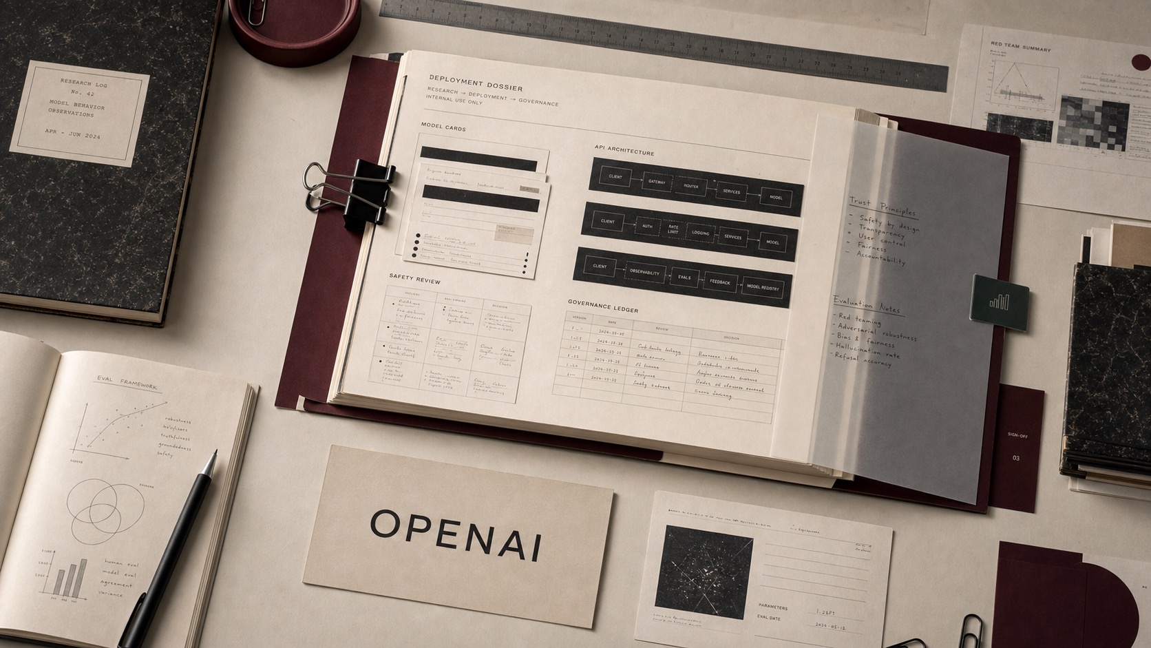 Premium editorial archive still-life of an OpenAI research deployment case with an OpenAI source-mark card, model cards, safety review notes, API architecture strips, and governance ledger