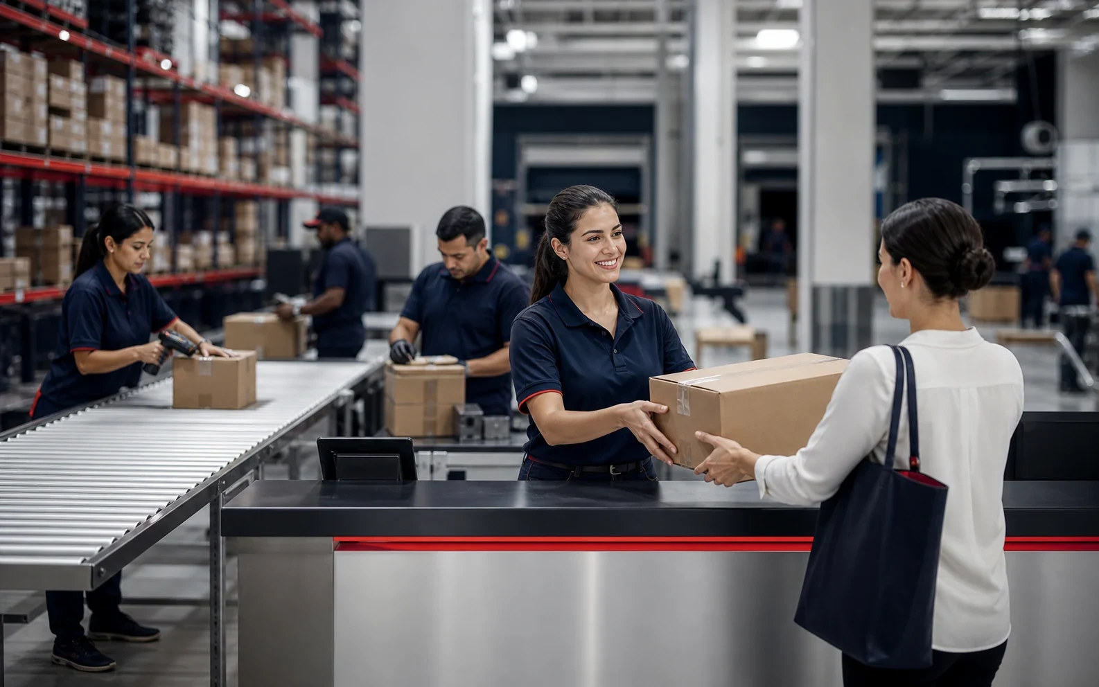 Warehouse conveyor and staffed customer handoff showing a complete service system.