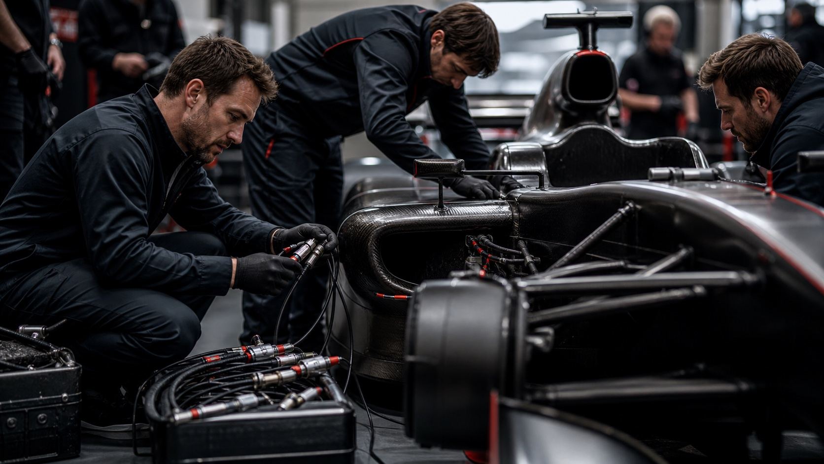 Motorsport engineers prepare sensor cables and aerodynamic components beside an unbranded open-wheel car.