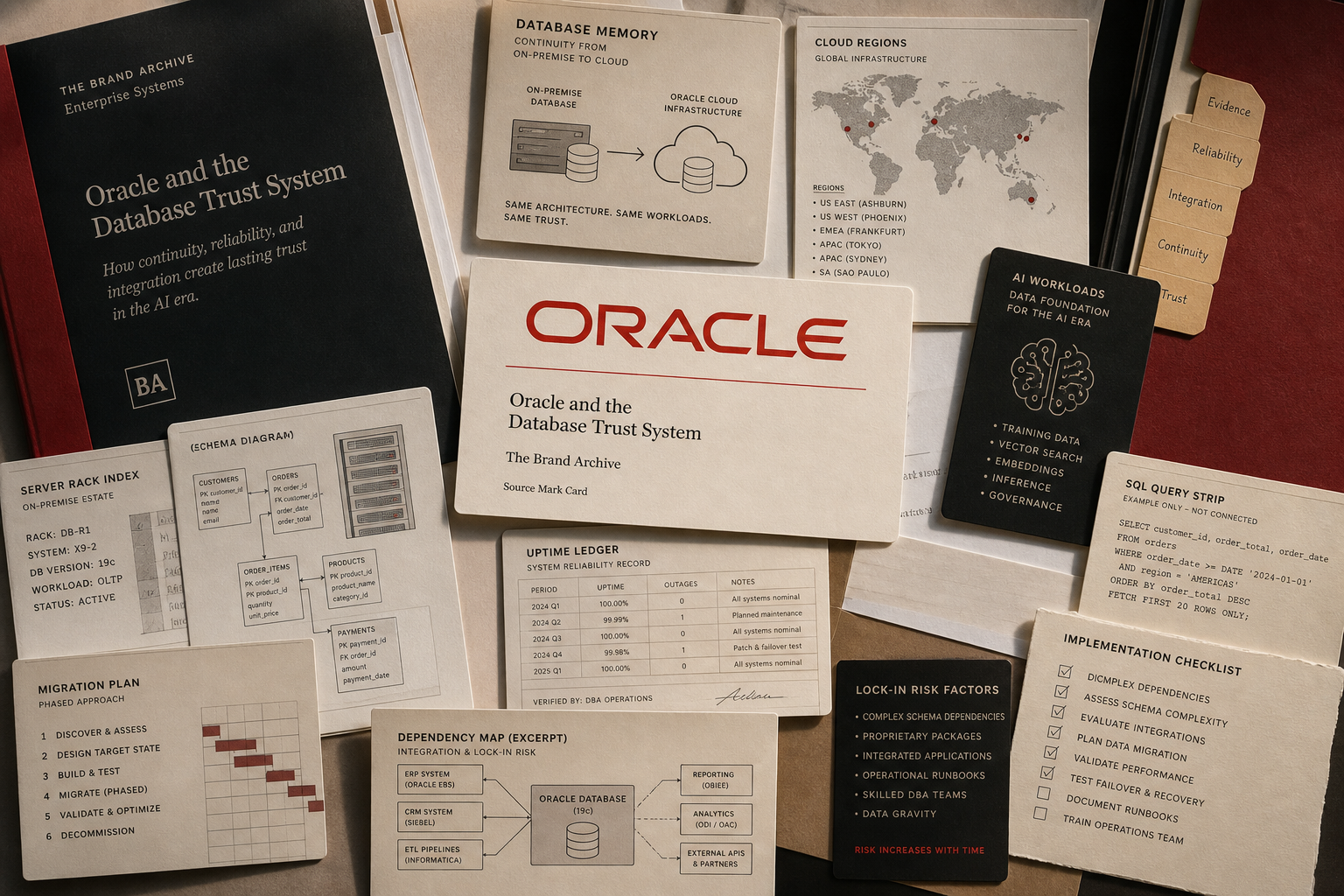 Premium editorial archive still-life of an Oracle trust system case with Oracle source-mark card, database memory card, cloud region map, uptime ledger, schema diagram, SQL strip, migration checklist, and implementation risk notes