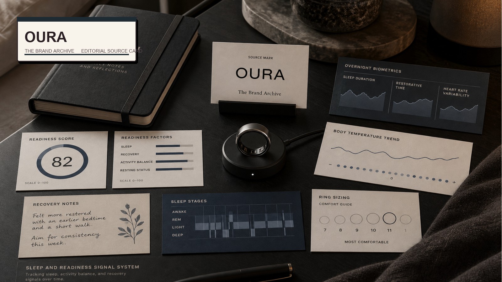 Premium editorial archive still-life of an Oura sleep readiness signal case with Oura source-mark card, generic smart ring, charging puck, sleep journal, readiness score cards, biometric graph cards, temperature trend strip, and ring sizing card