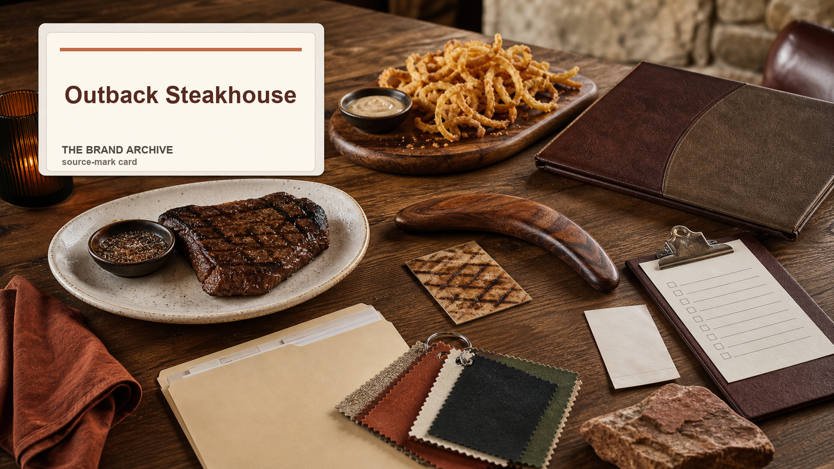Premium editorial archive still-life of an Outback Steakhouse casual dining case with Outback Steakhouse source-mark card, steakhouse plate cue, fried onion appetizer cue, grill-mark card, boomerang-shaped object, menu dummy, server ticket, Tampa folder, checklist, and color swatches