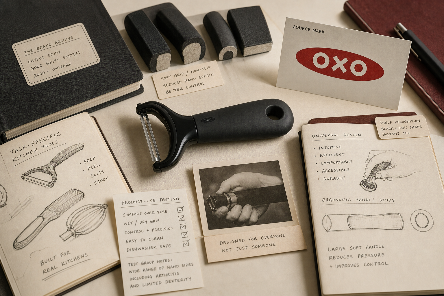 Premium editorial archive still-life of an OXO Good Grips ergonomic housewares case with OXO source-mark card, oversized soft-handle peeler, kitchen tool sketches, grip cross-section notes, universal design card, shelf tag, test card, and comfort proof materials