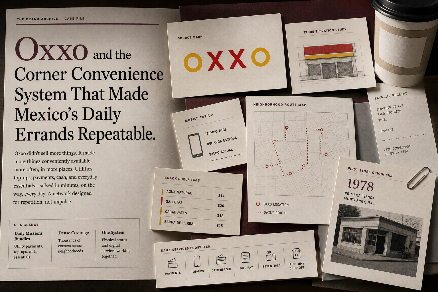 Premium editorial archive still-life of an Oxxo corner convenience network case with source-mark card, storefront elevation, coffee cup, payment receipt, mobile top-up card, snack shelf tags, neighborhood route map, and 1978 origin file