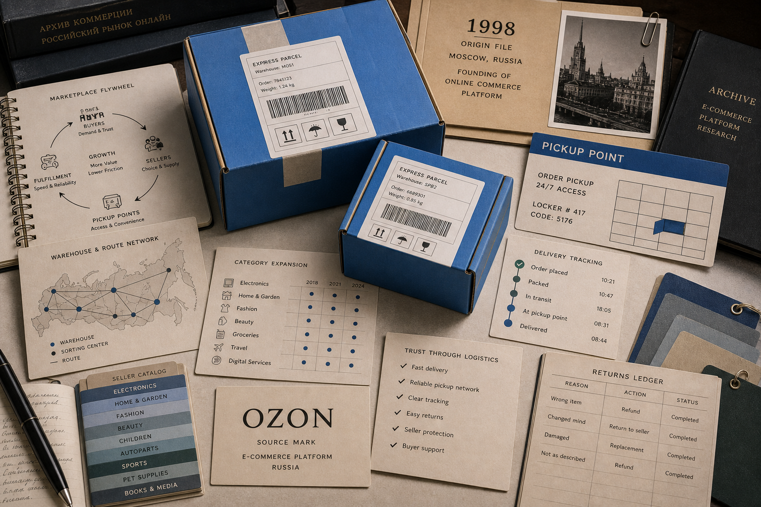 Premium editorial archive still-life of an Ozon marketplace logistics case with source-mark card, blue parcel boxes, dummy barcode labels, pickup point card, 1998 origin file, warehouse map, seller catalog tabs, tracking card, and returns ledger