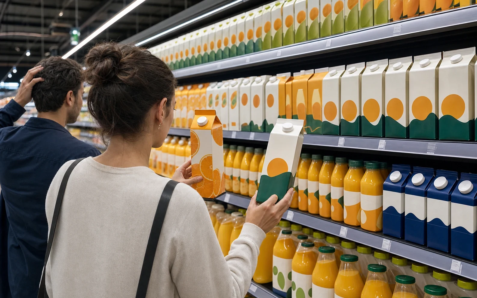 Two shoppers comparing conflicting fictional orange juice packages on a crowded grocery shelf.