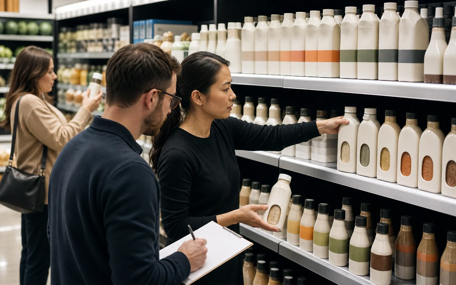 Researchers and shoppers testing fictional product variants at a real retail shelf.