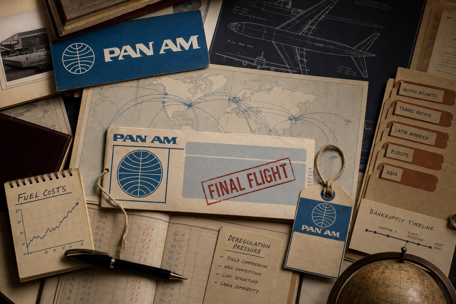 Premium editorial archive still-life of a Pan Am failed-brand case with blue source-mark cards, final-flight boarding pass, route map, luggage tag, aircraft blueprint, fuel-cost note, deregulation pressure card, and bankruptcy timeline