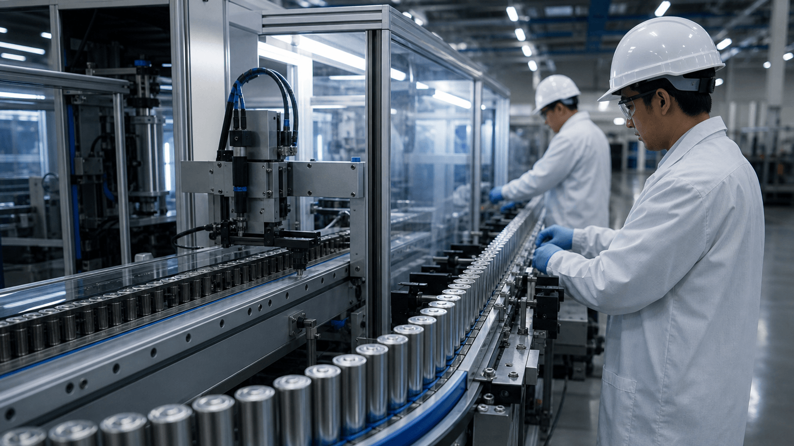 Battery manufacturing cell and cylindrical energy products in a clean industrial setting without visible branding.