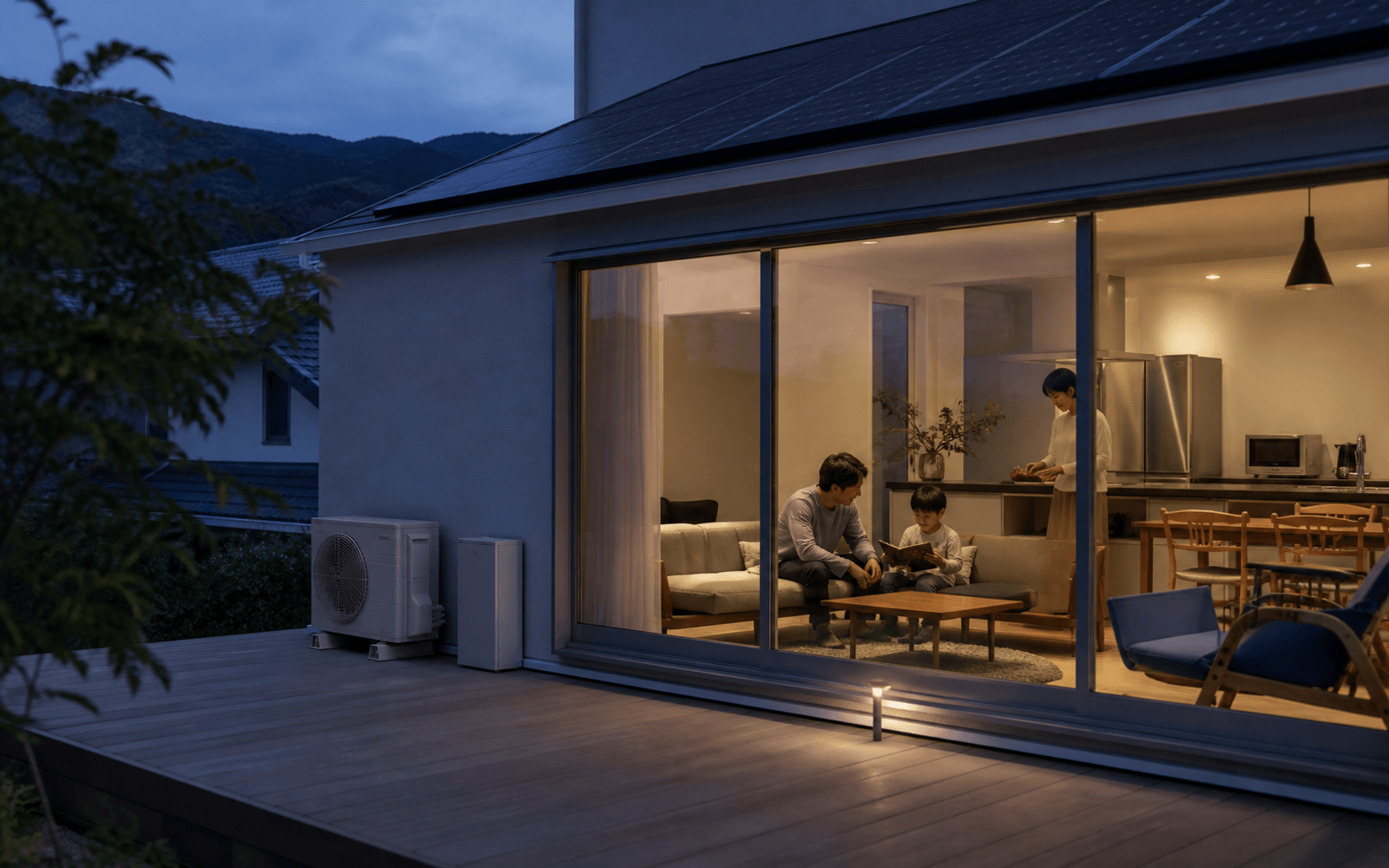 Photorealistic connected-home scene joining energy, climate, appliances, and family life without visible logos.