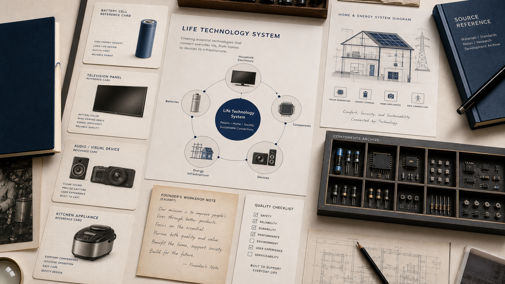Premium editorial archive still-life of a Panasonic life-technology system case with battery cell card, television panel card, audio-visual device card, kitchen appliance card, home energy diagram, components tray, founder-era note, and quality checklist