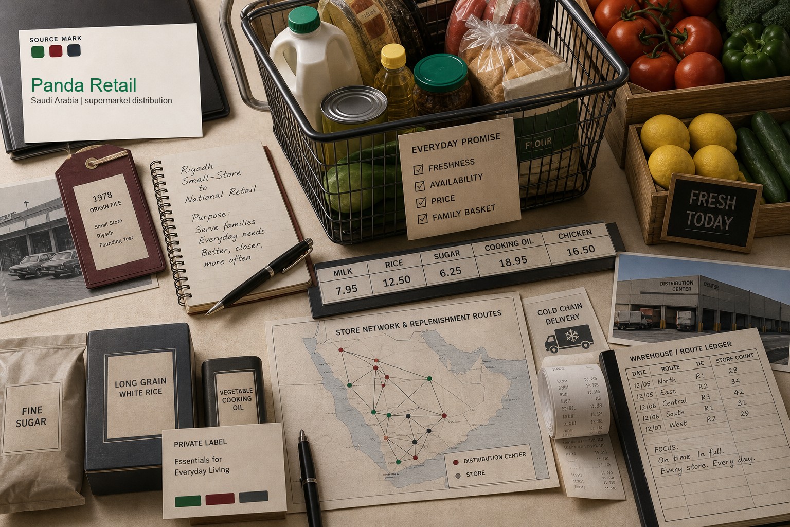 Premium editorial archive still-life of a Panda Retail grocery distribution case with source-mark card, 1978 origin file, grocery basket, produce crates, shelf price labels, supermarket aisle map, cold-chain delivery card, private-label package silhouettes, distribution center photo card, and warehouse route ledger