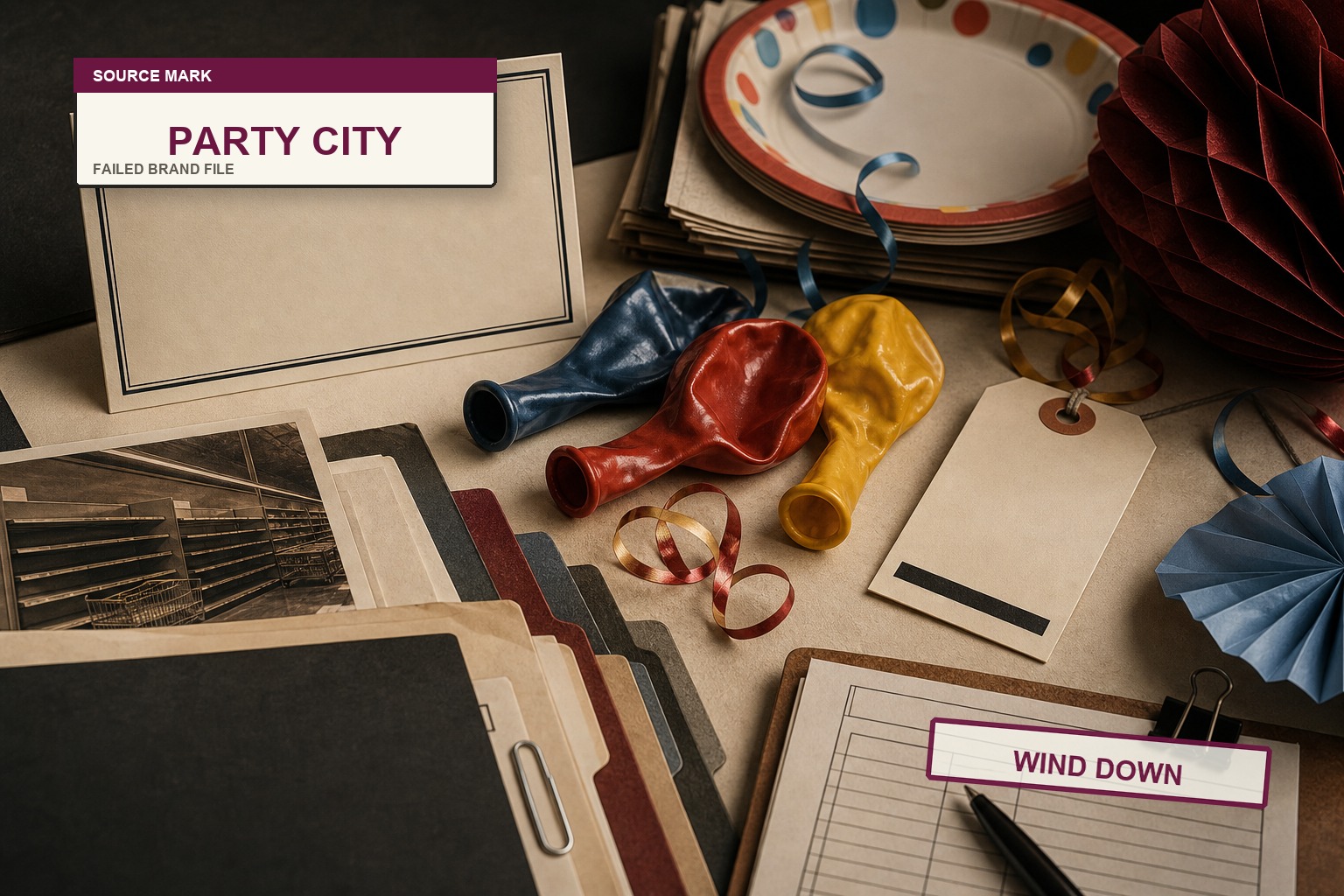 Premium editorial archive still-life of a Party City failed-brand case with balloon ribbon, party-supply tags, Halloween costume card, store-closing sign, inflation note, and liquidation ledger