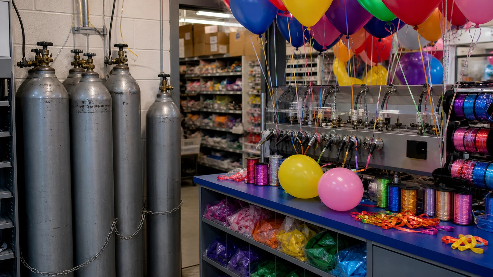 Unbranded helium cylinders and balloons beside a party-store service station.