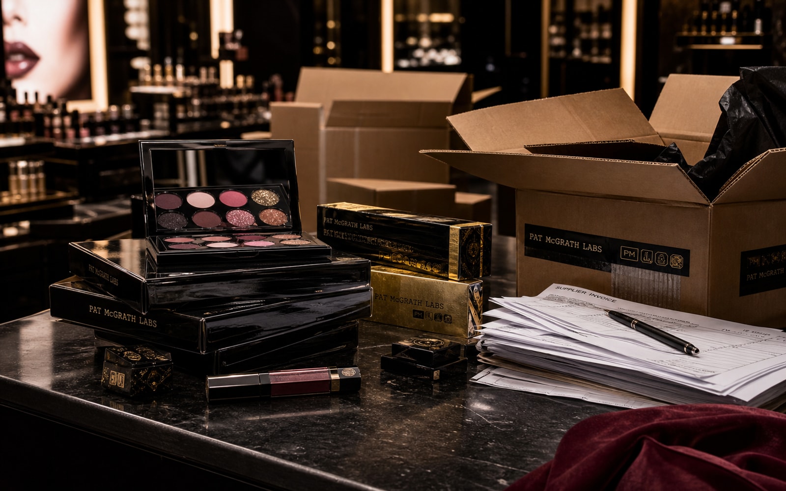 A realistic prestige beauty operations scene with black-and-gold product packaging, invoices, inventory notes, and retail reset materials.