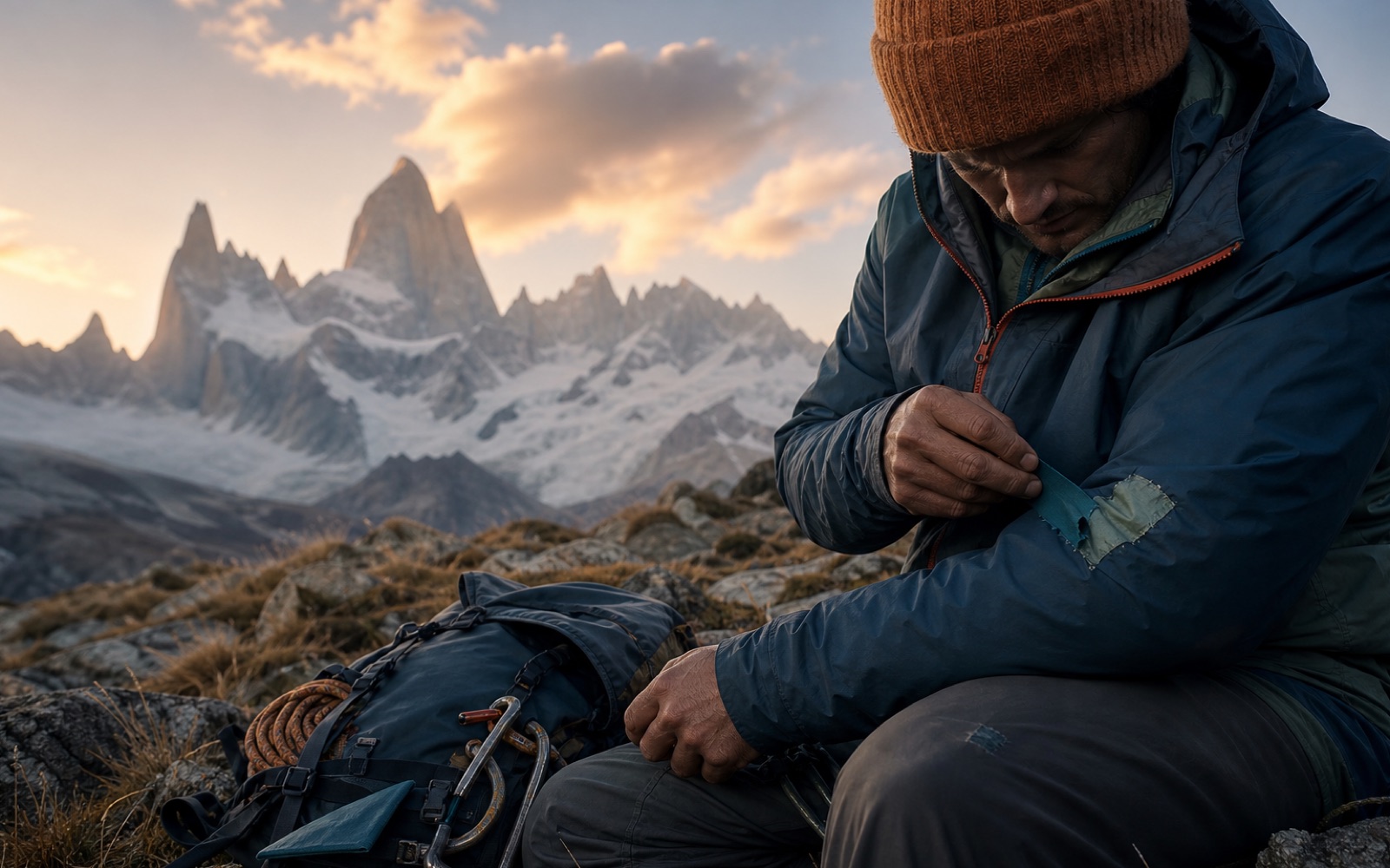 A climber repairing a technical shell in a mountain field camp.