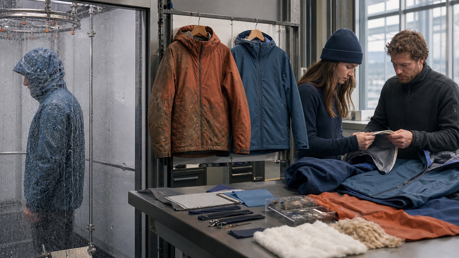 Technical outerwear undergoing rain and abrasion testing in a product laboratory.