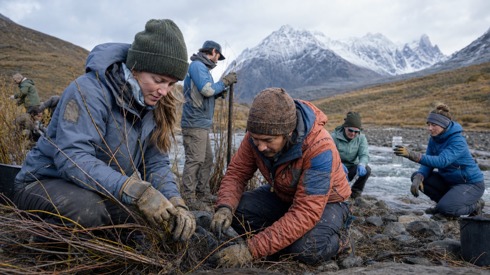 River-restoration volunteers working beside a mountain waterway in repaired outdoor clothing.