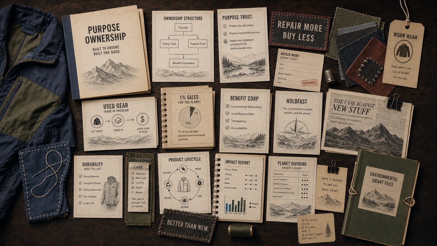 Premium editorial archive still-life of a Patagonia purpose ownership case board with repaired jacket panels, stitch samples, Worn Wear tag, used gear forms, purpose trust diagram, 1 percent sales pledge note, benefit corporation file, durability checklist, impact report, environmental grant files, and anti-consumption campaign clipping
