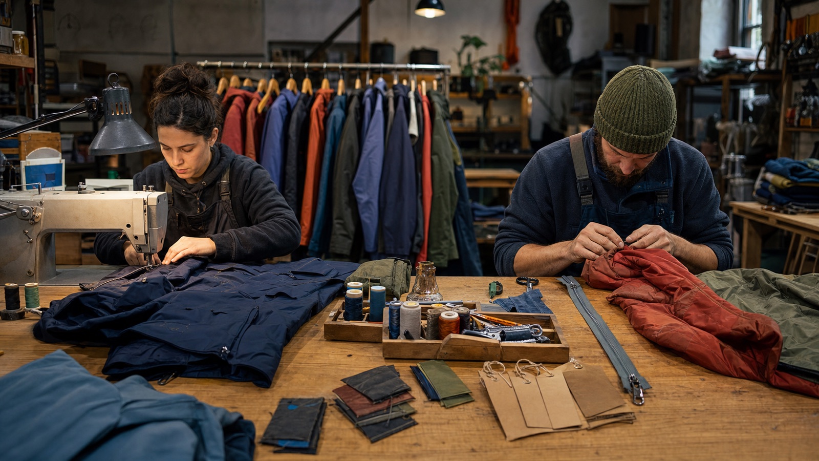 Technical outdoor jacket under repair with visible patching and sewing tools.