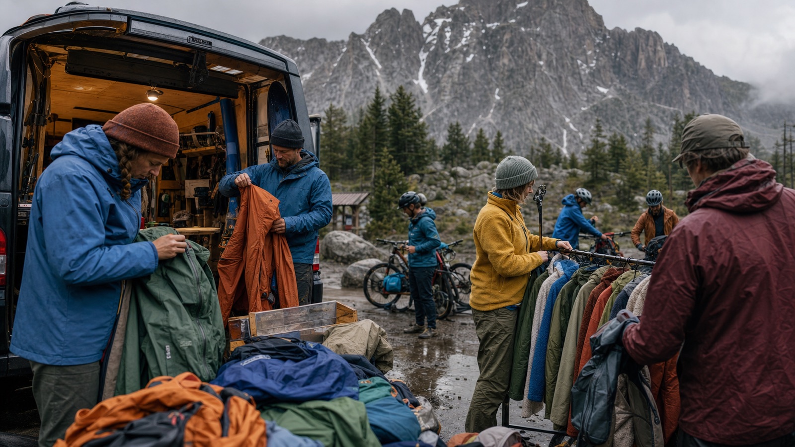 Well-used outdoor garments and packs organized for repair and reuse.