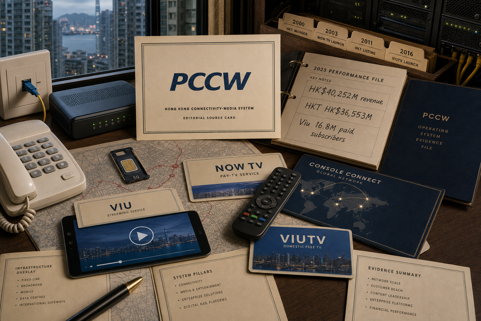 Premium AI-generated archive-table still-life for the PCCW case with PCCW source-card, Hong Kong apartment window, fiber socket, broadband router, fixed-line phone, 5G SIM tray, Now TV pay-TV card, Viu streaming card, ViuTV domestic free TV card, Console Connect global network card, 2025 performance ledger, HKT merger tab, Now TV launch tab, HKT listing tab, and ViuTV launch tab