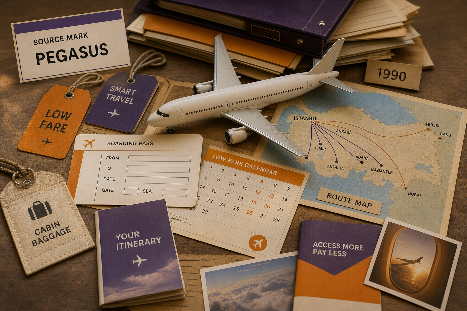 Premium editorial archive still-life of a Pegasus low-cost airline access case with orange and purple fare swatches, blank boarding pass, point-to-point route map, fare calendar, aircraft turn card, add-on receipt, and 1990 origin file