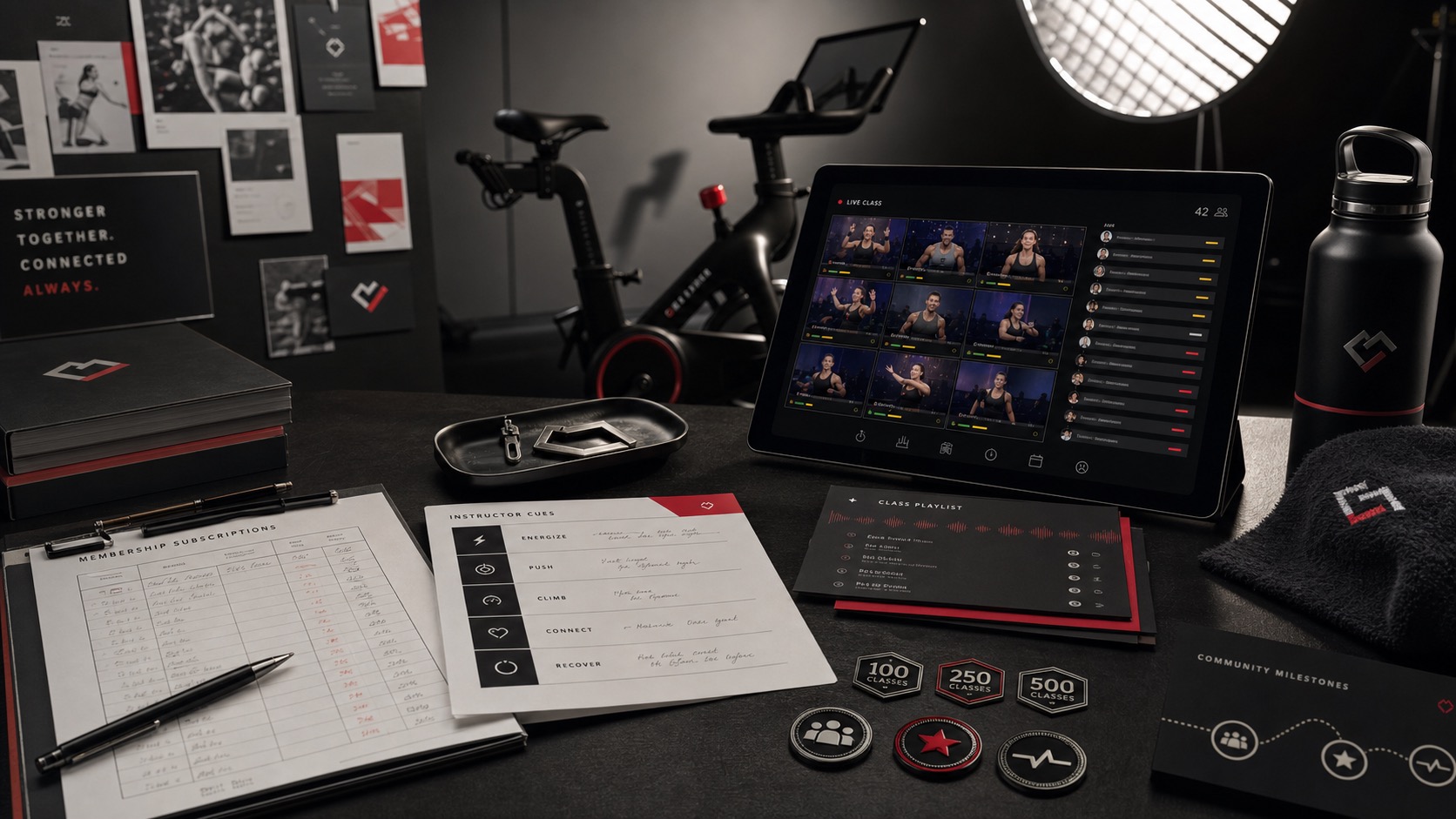 Premium editorial archive still-life of a Peloton connected fitness instructor community case with source-mark card, stationary bike silhouette, class screen mockup, leaderboard bars, instructor cue cards, playlist cards, subscription ledger, and community milestone badges