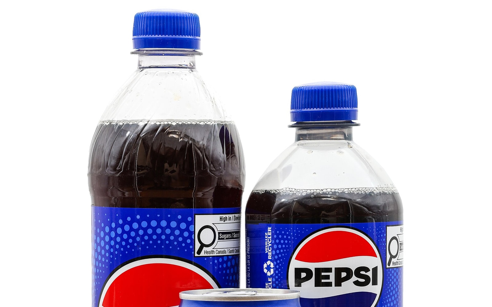 Pepsi bottles and cans showing blue, red, and globe packaging recognition.