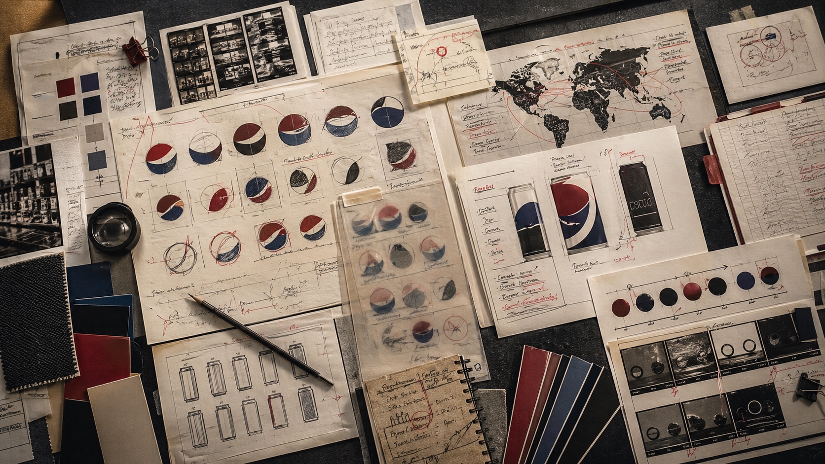 Editorial archive table with circular identity studies, can layout notes, color swatches, and rollout evidence