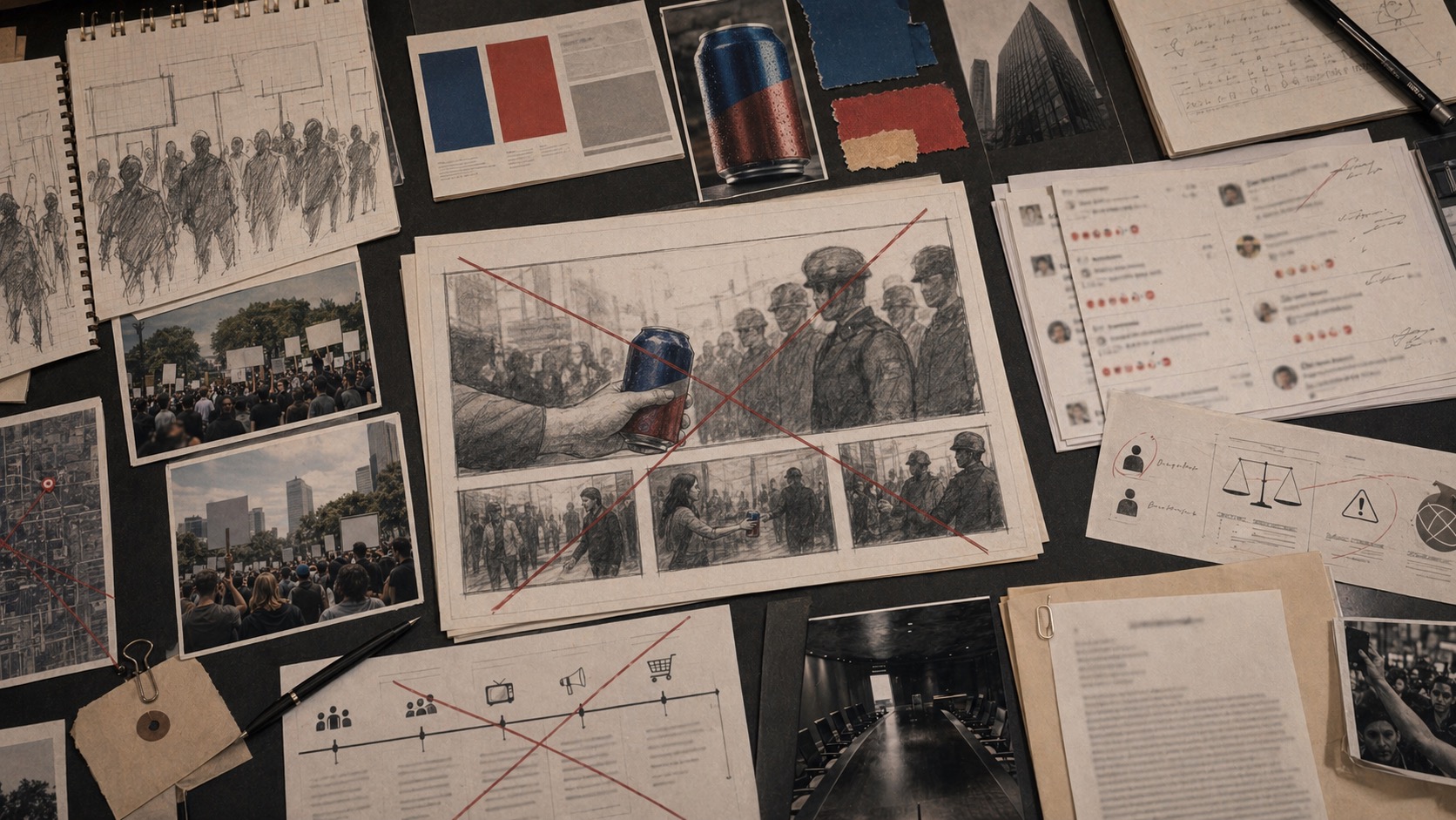 Generated archive desk showing an unbranded soda campaign storyboard, blank protest signs, risk notes, and a crossed-out authority handoff scene
