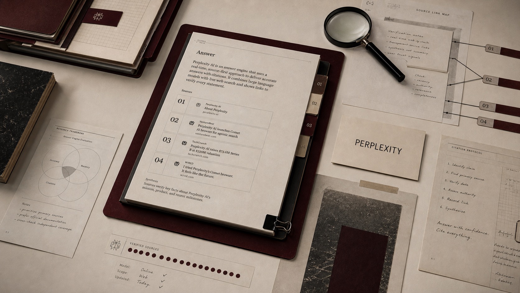 Premium editorial archive still-life of a Perplexity answer-engine case with a Perplexity source-mark card, citation tabs, answer dossier, search-lens object, and source verification notes
