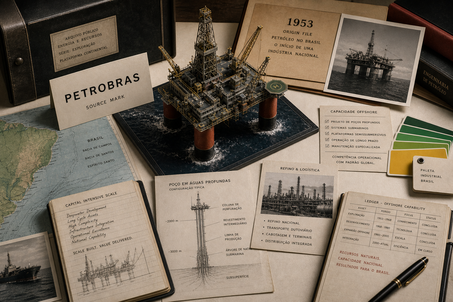 Premium editorial archive still-life of a Petrobras deepwater energy case with source-mark card, offshore platform model, Brazil coastline map, 1953 origin file, drilling diagram, refinery logistics card, safety checklist, and industrial palette